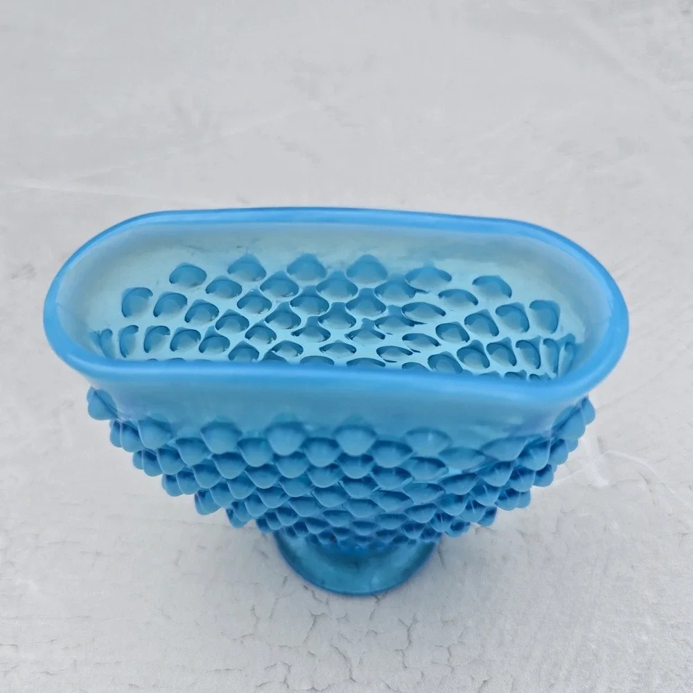 Vintage Blue Hobnail Glass Fan Vase Footed Art Glass Decor 4 inch